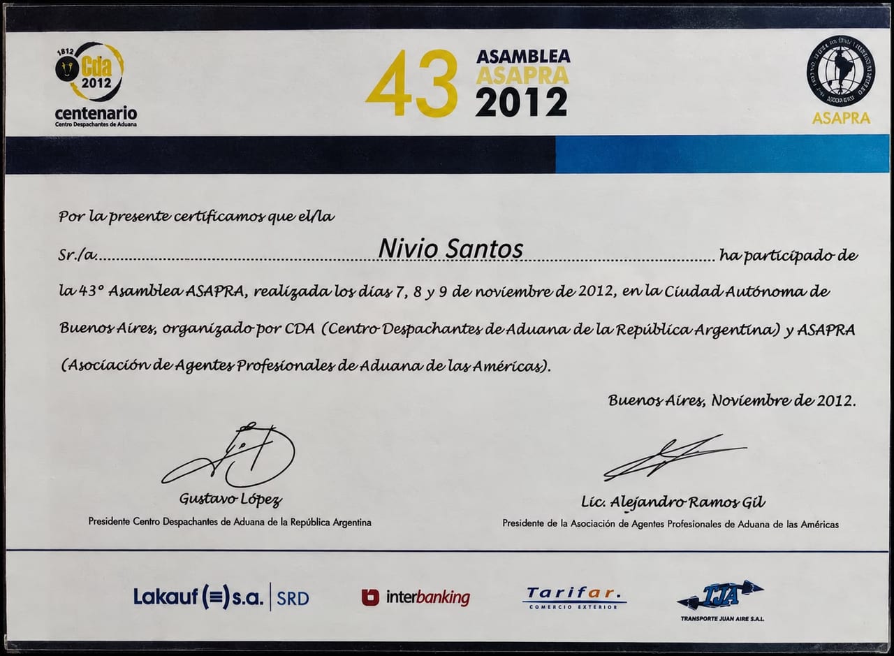 Certificado: 43ª Asamblea ASAPRA — ASAPRA e Centro Despachantes de Aduana · Buenos Aires, Argentina, 2012