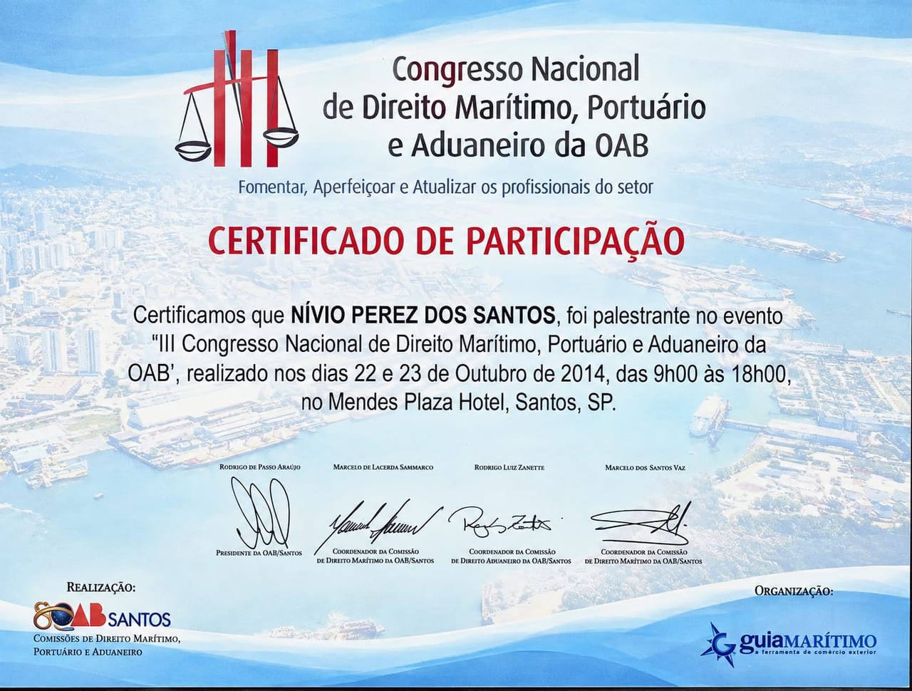 Certificado: Palestrante no III Congresso Nacional de Direito Marítimo, Portuário e Aduaneiro — OAB Santos · Santos/SP, 2014