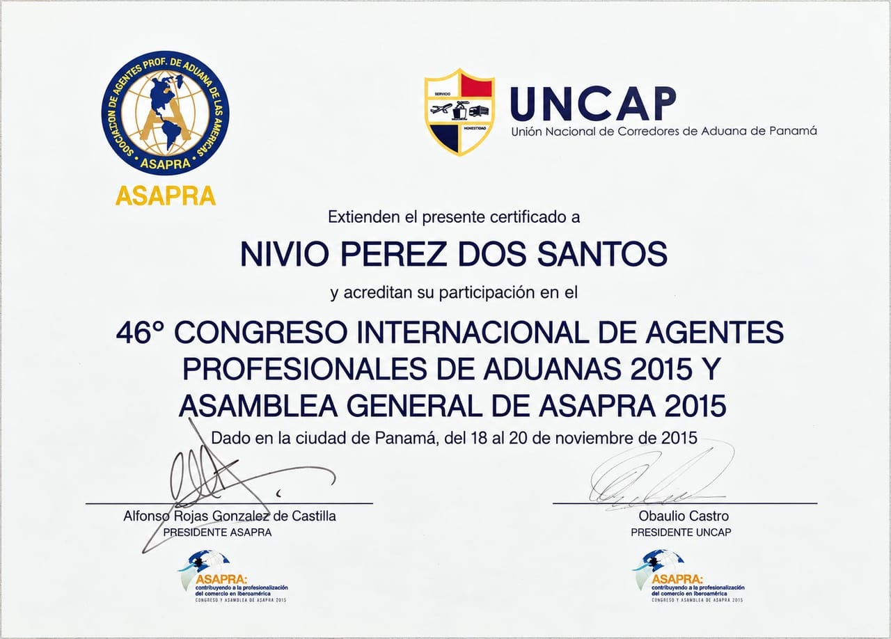 Certificado: 46º Congreso Internacional de Agentes Profesionales de Aduanas — ASAPRA e UNCAP · Cidade do Panamá, 2015