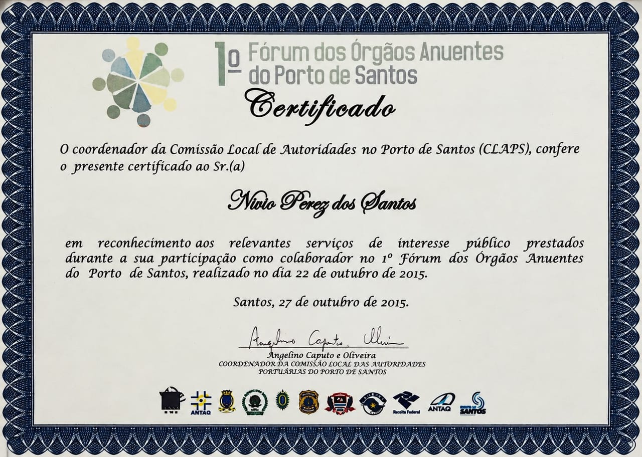 Certificado: Colaborador no 1º Fórum dos Órgãos Anuentes do Porto de Santos — CLAPS – Comissão Local de Autoridades no Porto de Santos, 2015