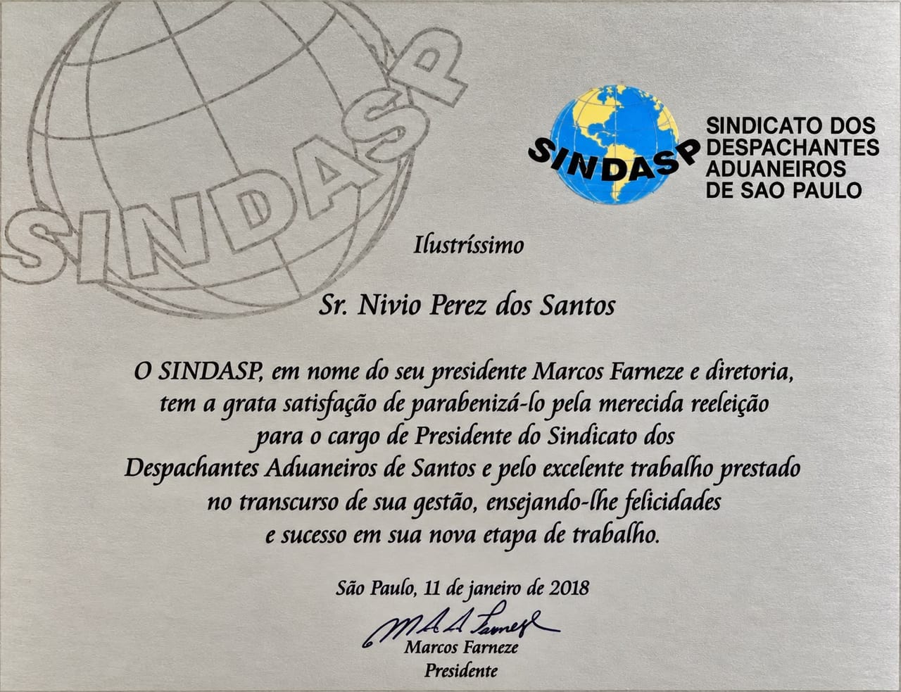 Certificado: Homenagem pela reeleição na presidência do SDAS — SINDASP – Sindicato dos Despachantes Aduaneiros de São Paulo, 2018