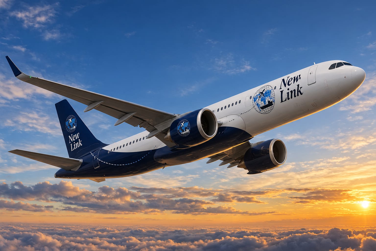Avião com as cores da New Link em voo sobre as nuvens ao pôr do sol