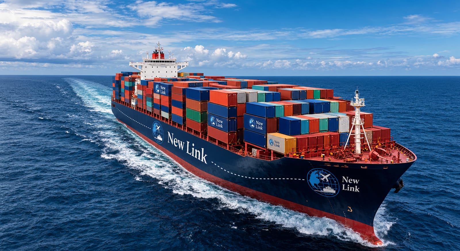 Navio porta-contêineres com a marca New Link navegando em mar aberto